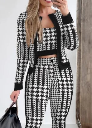 Elisha 3 Piece Set Print Crop Top & Bottoms Set With Coat