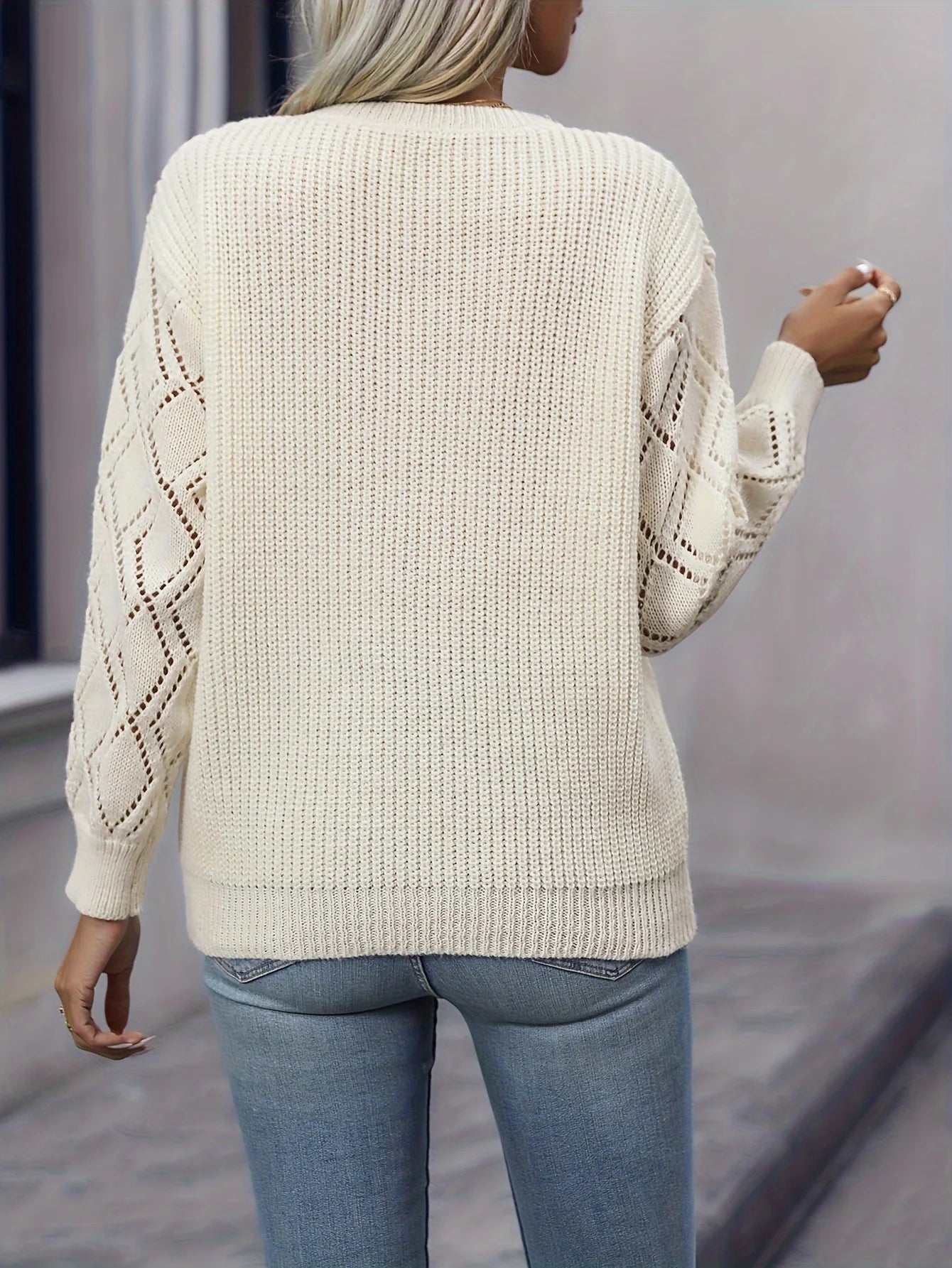 Solid V Neck Cut Out Drop Shoulder Sweater  Casual Long Sleeve Sweater For Spring & Winter  Women's Clothing