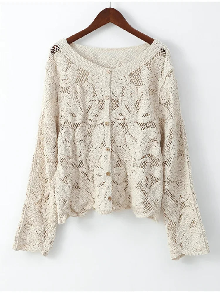 Ellen Elegant Lace Hollow Out Long Sleeve Blouse