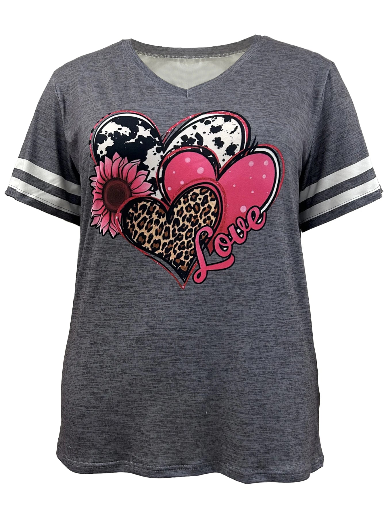 Primmy Plus Size Love Print Casual V-Neck Short-Sleeved Loose T-Shirt