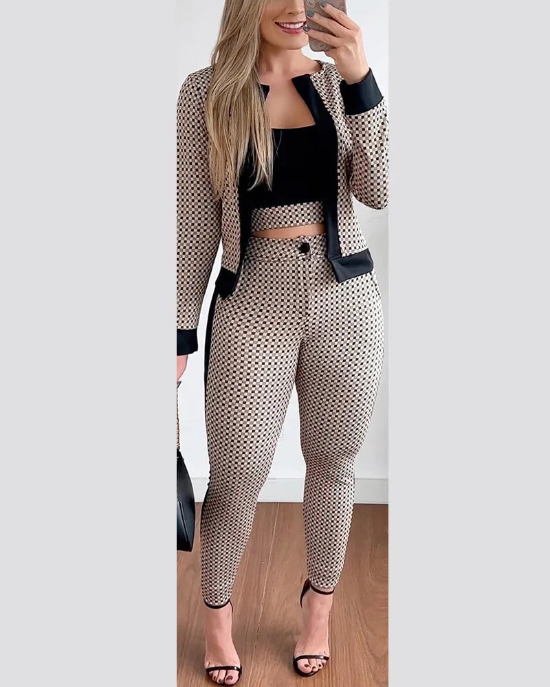 Elisha 3 Piece Set Print Crop Top & Bottoms Set With Coat