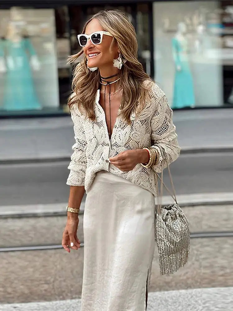 Ellen Elegant Lace Hollow Out Long Sleeve Blouse