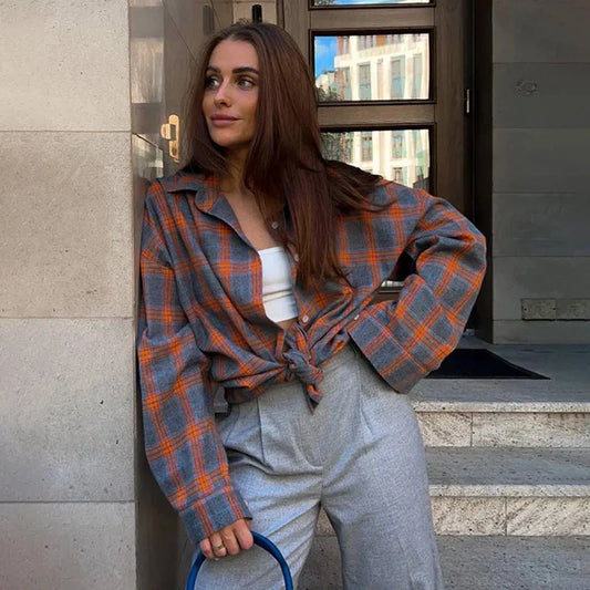 Olivia Oversized Long Sleeve Plaid Shirt Blouse